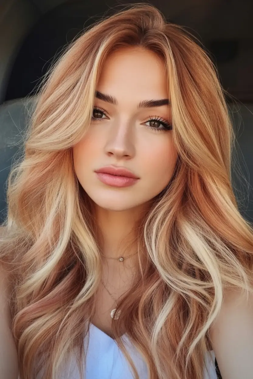 Balayage Hair Color Inspiration for Fall 2025 Golden Peach Ribbons on Strawberry Blonde Volume