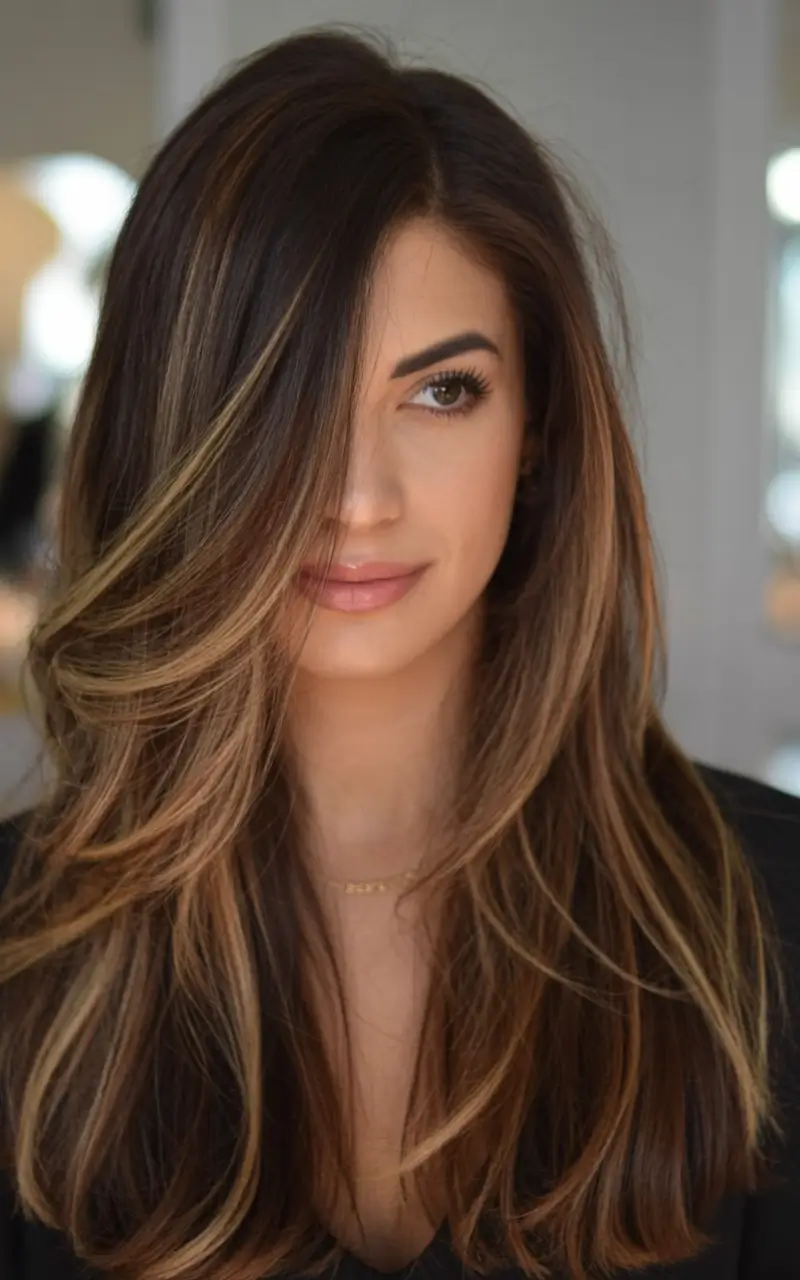 Balayage Hair Color Inspiration for Fall 2025 Dark Brown Elegance with Dimensional Gold