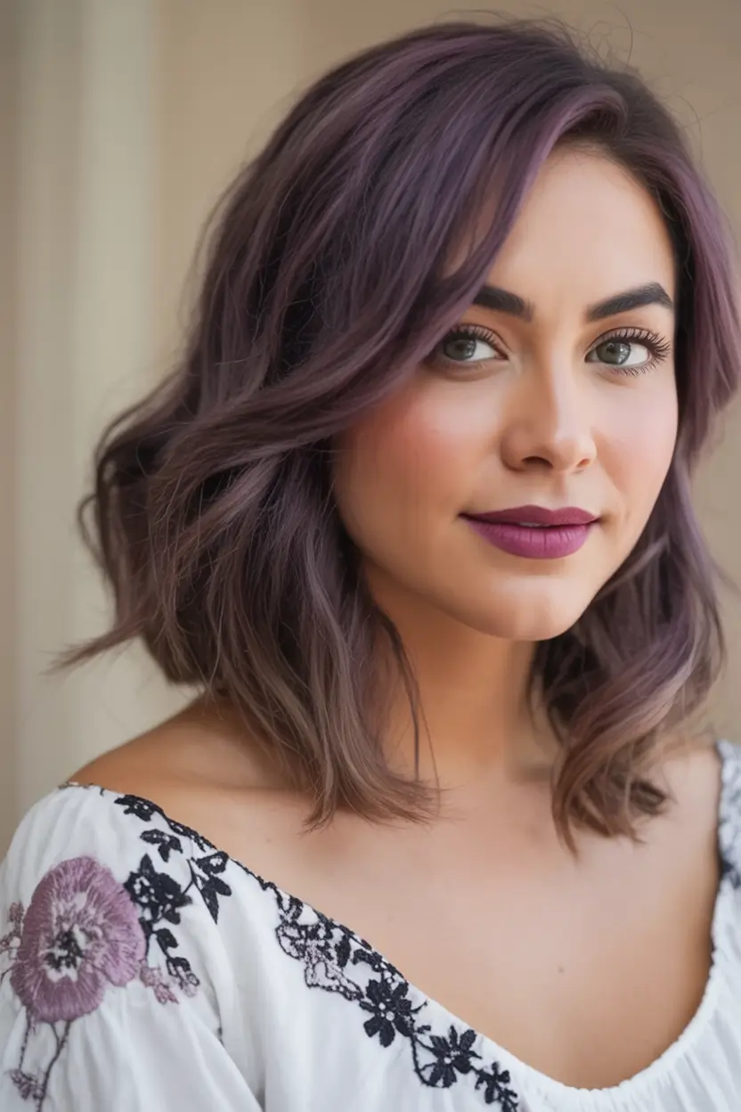 Balayage Hair Color Inspiration for Fall 2025 Muted Plum with Boho Waves