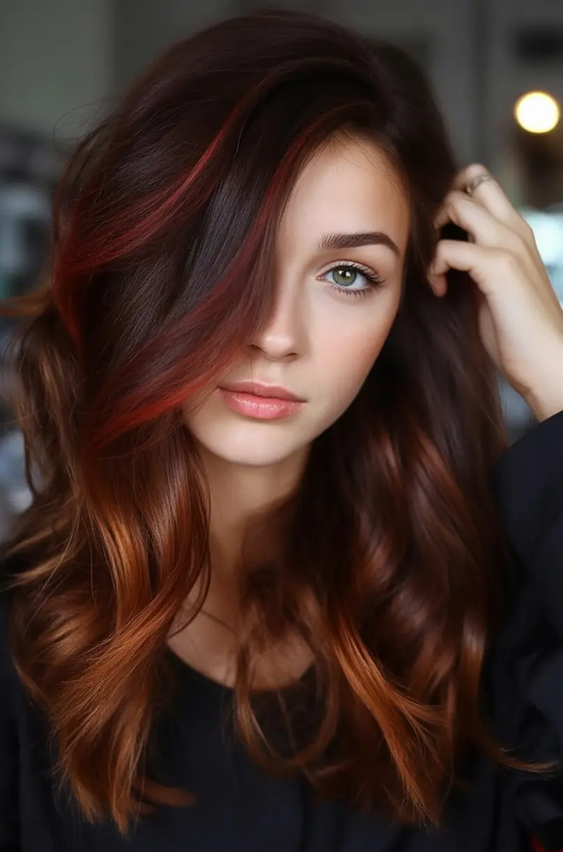 Balayage Hair Color Inspiration for Fall 2025 Glossy Auburn Ends with Red Balayage Pop