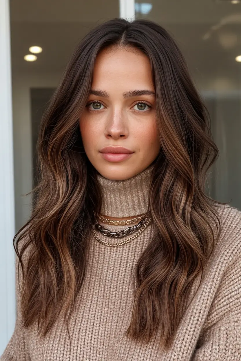 Balayage Hair Color Inspiration for Fall 2025 Rich Espresso Waves with Dimensional Warmth