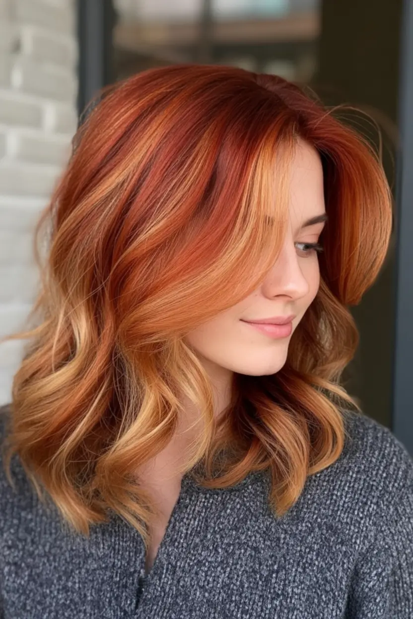 Balayage Hair Color Inspiration for Fall 2025 Spicy Copper Ribbons with Golden Glow