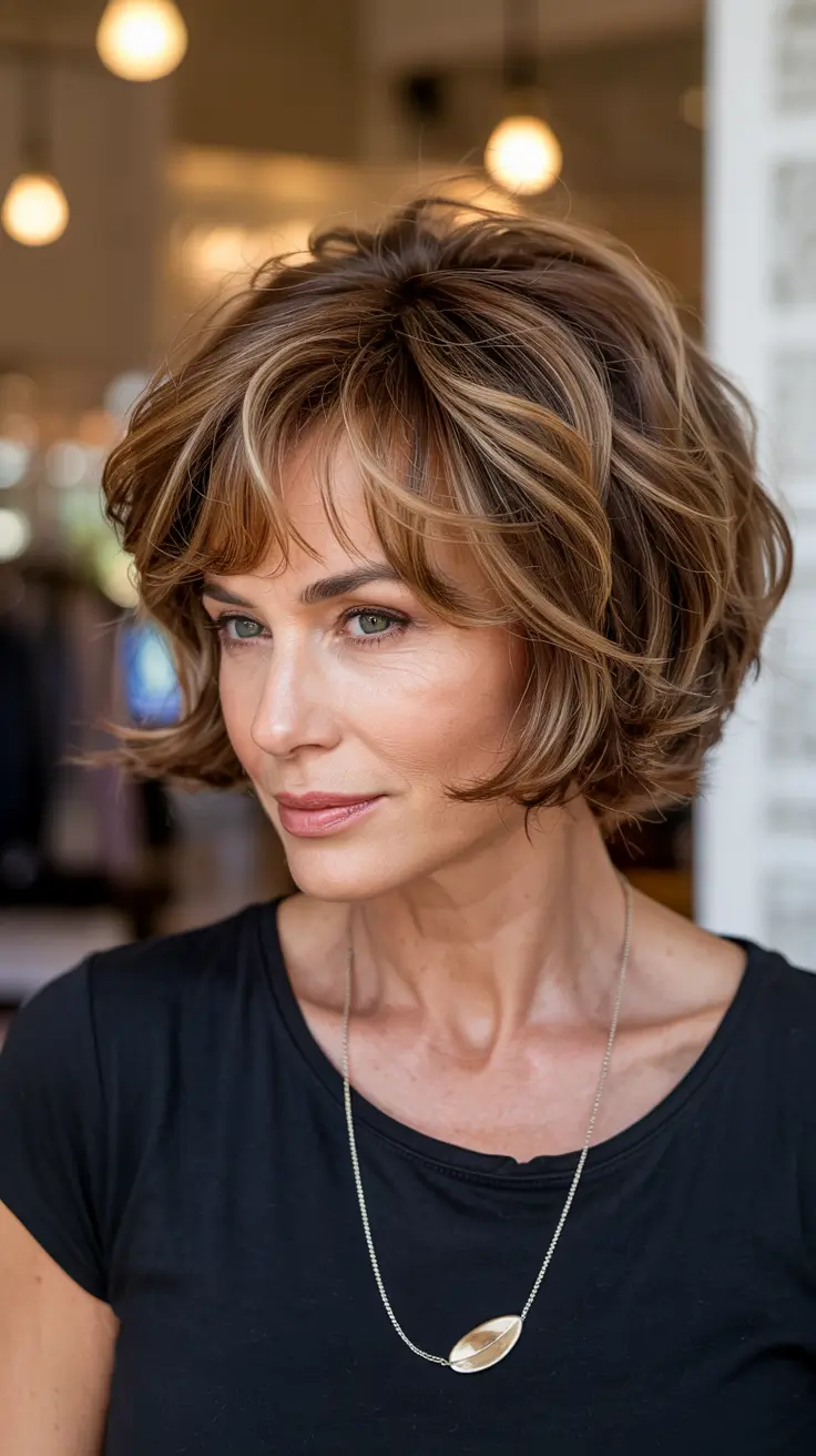 Beautiful Fall 2025 hairstyles and colors for Women 50+ Warm cinnamon bob with feathered fringe