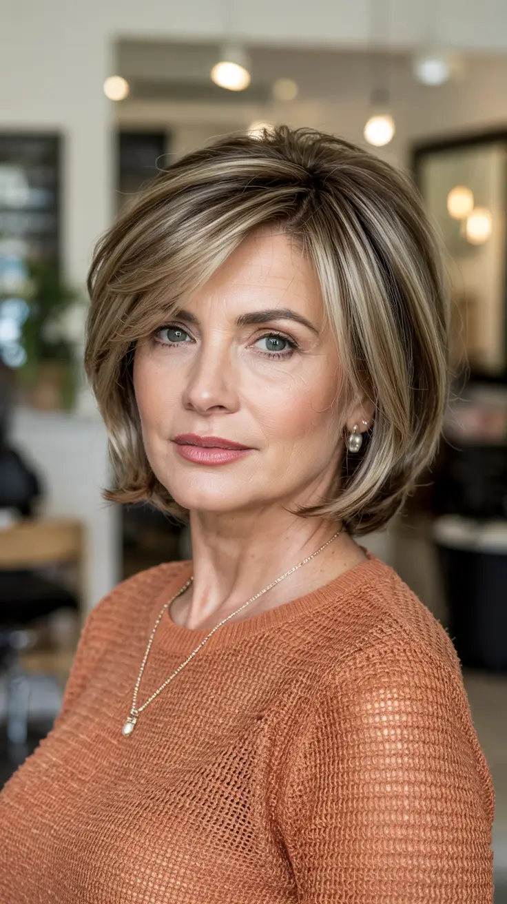 Beautiful Fall 2025 hairstyles and colors for Women 50+ Classic structured bob with soft caramel tones