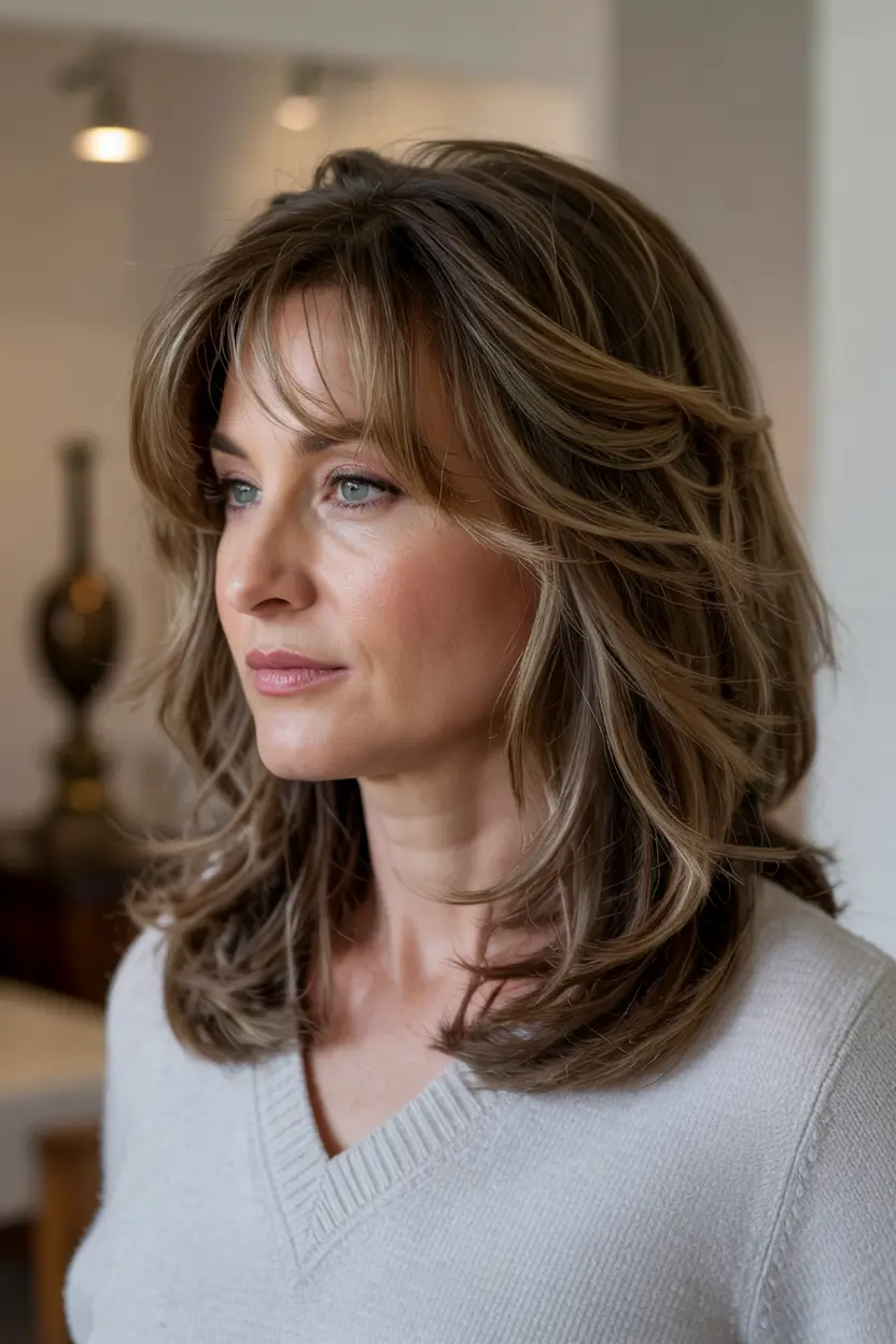 Beautiful Fall 2025 hairstyles and colors for Women 50+ Feathered flow with soft face framing