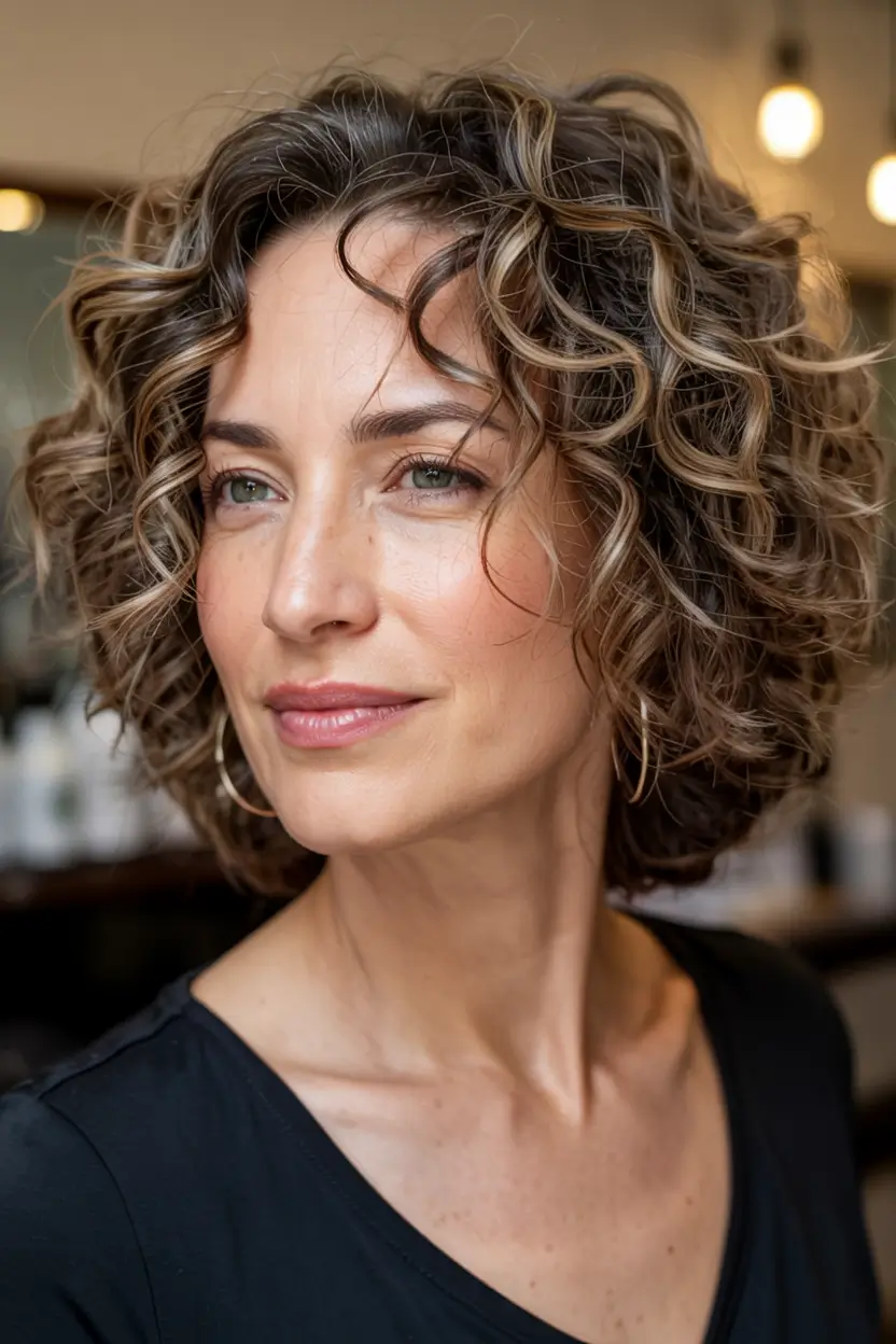 Beautiful Fall 2025 hairstyles and colors for Women 50+ Soft Coils With Honey-Toned Highlights