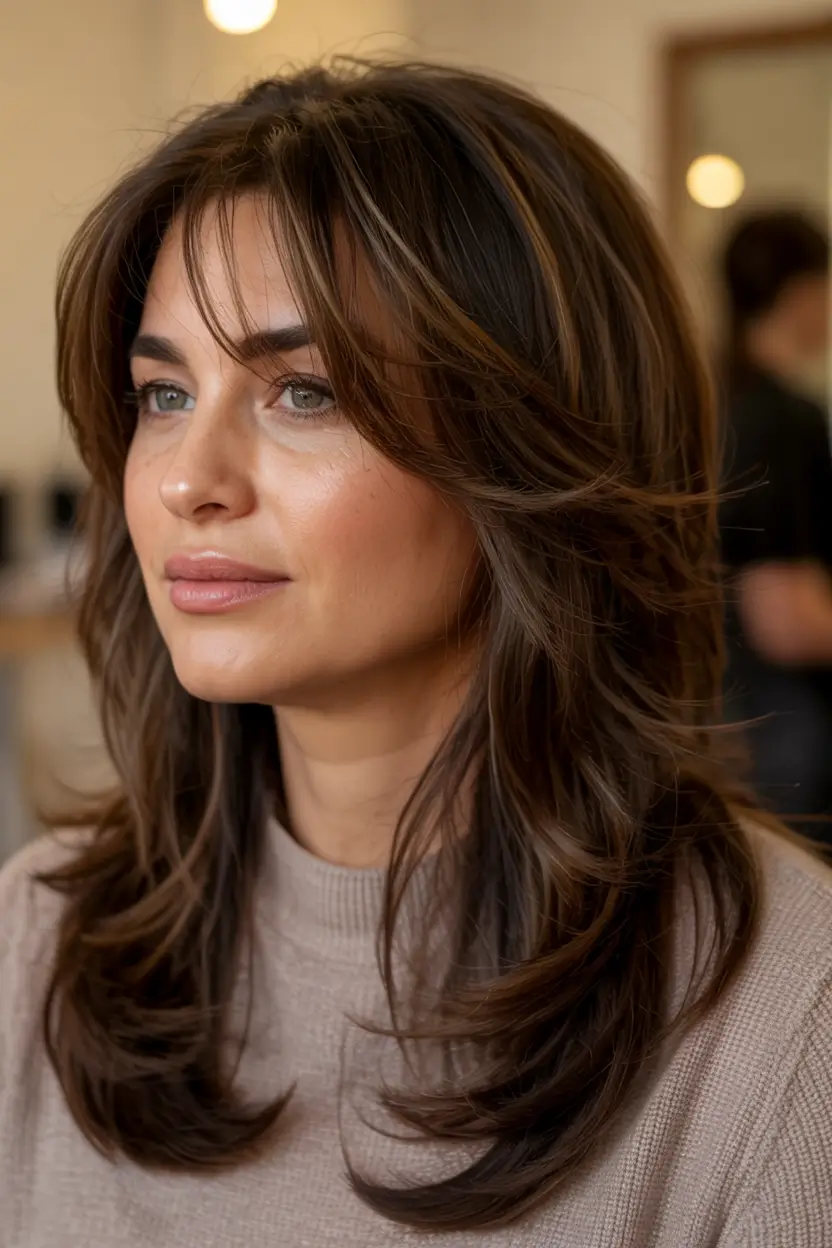 Beautiful Fall 2025 hairstyles and colors for Women 50+ Layered Blowout With Feathered Curtain Bangs