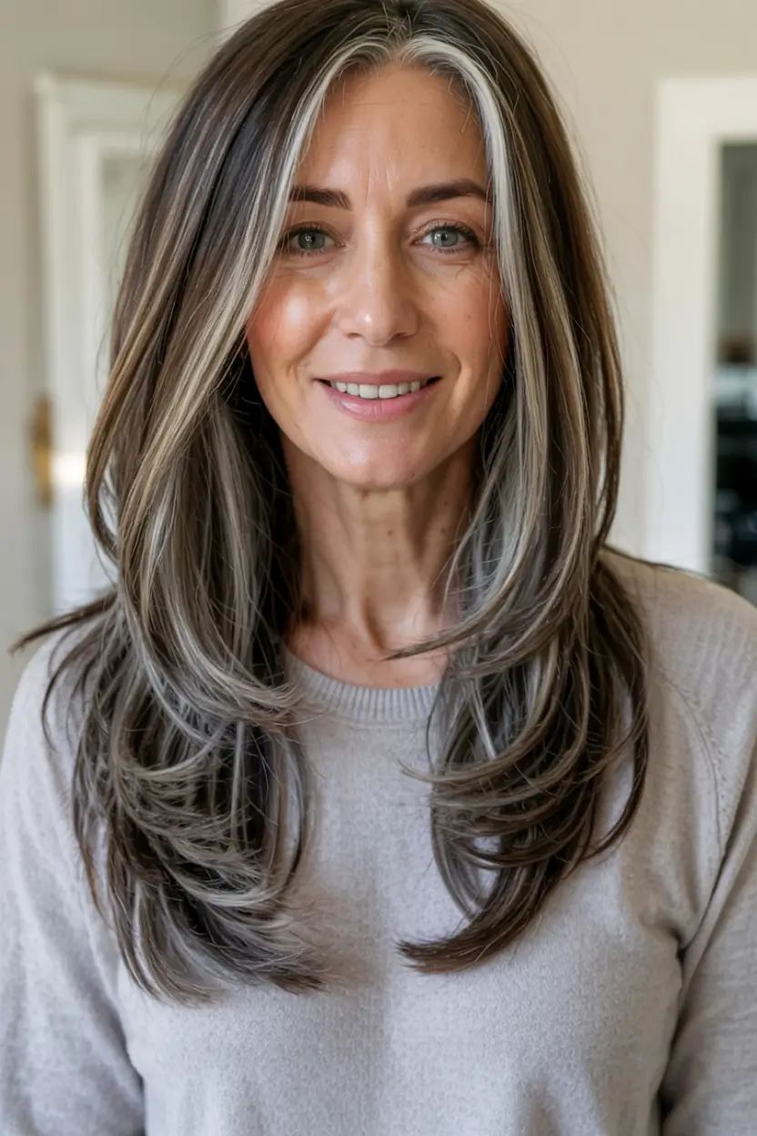 Beautiful Fall 2025 hairstyles and colors for Women 50+ Silver ribbons on layered brunette