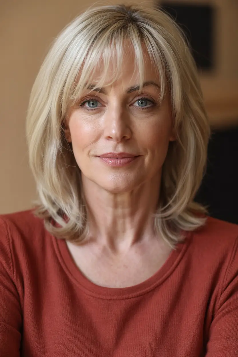 Beautiful Fall 2025 hairstyles and colors for Women 50+ Blonde Bob With Wispy Bangs and Texture