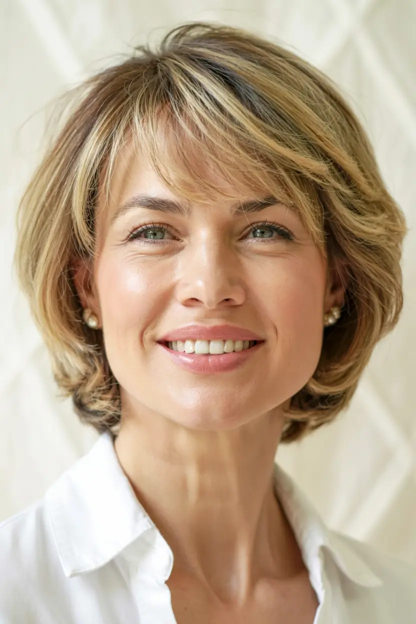 Beautiful Fall 2025 hairstyles and colors for Women 50+ Golden Layered Bob With Soft Bangs