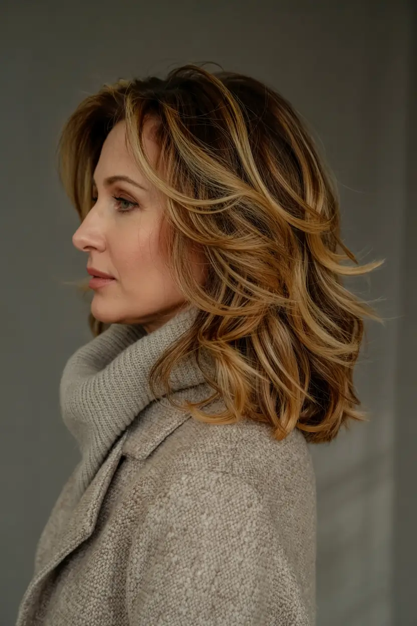 Beautiful Fall 2025 hairstyles and colors for Women 50+ Warm Blonde Blowout With Cascading Layers