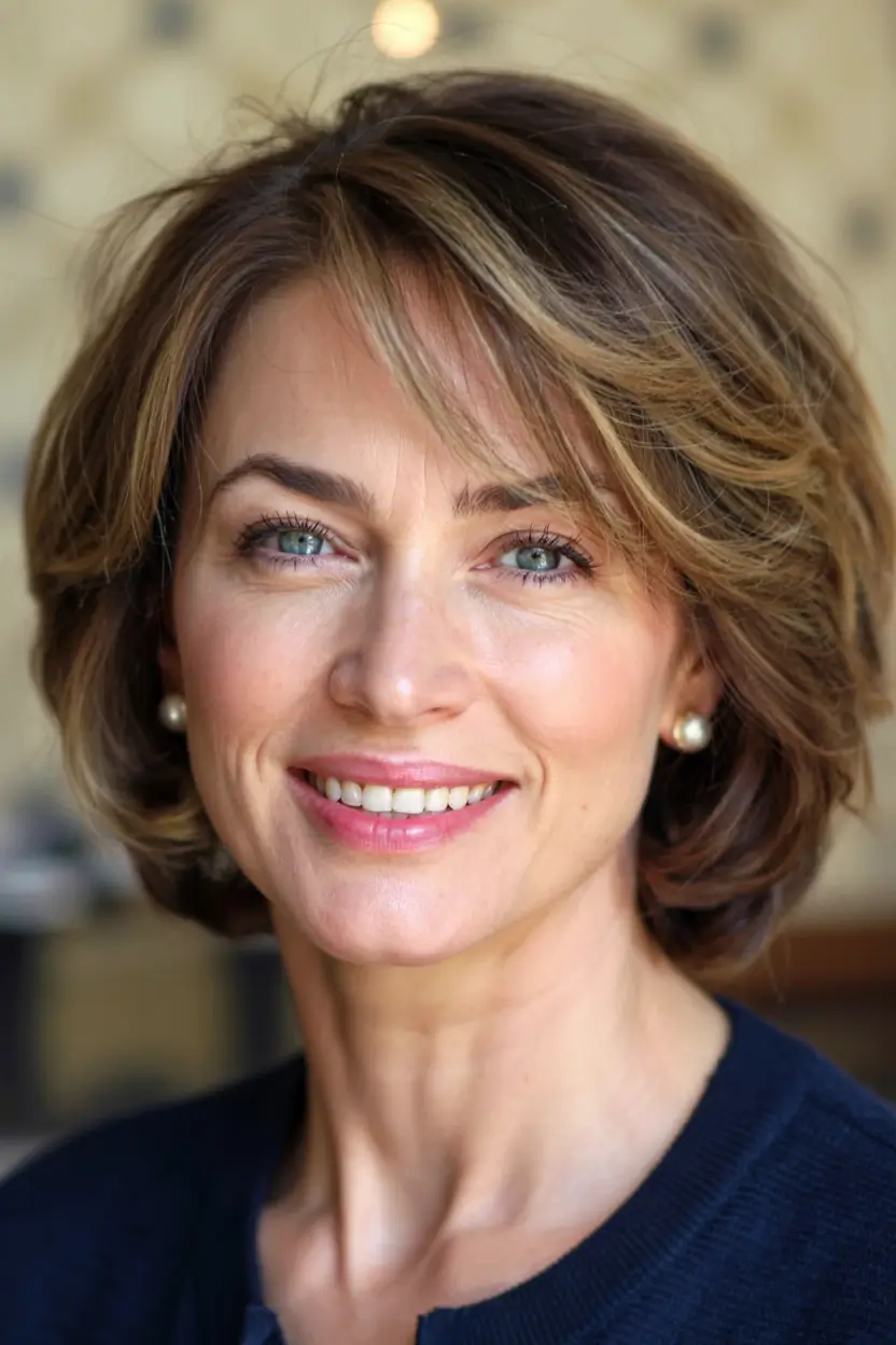 Beautiful Fall 2025 hairstyles and colors for Women 50+ Layered bob with caramel lift