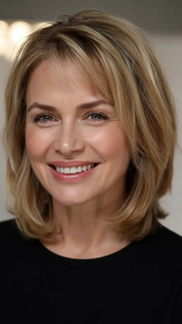 Beautiful Fall 2025 hairstyles and colors for Women 50+ Soft golden layers with side bangs