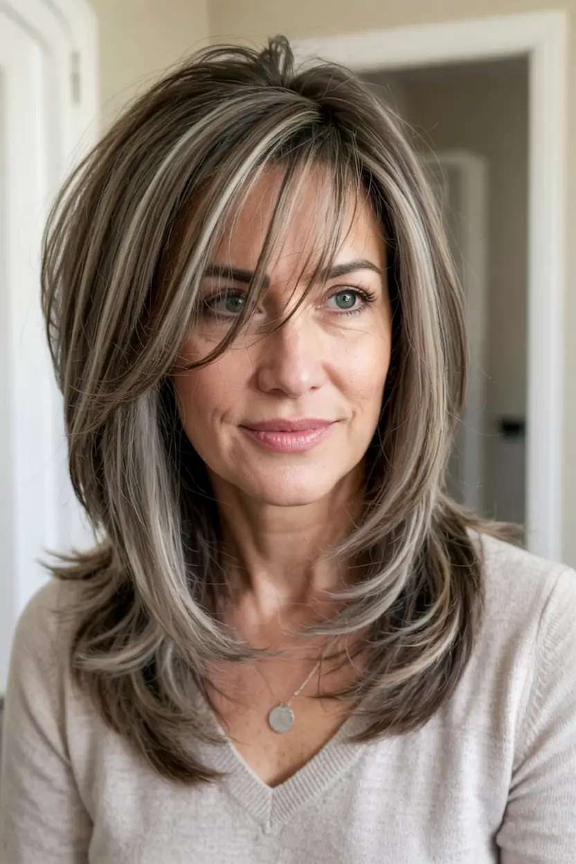 Beautiful Fall 2025 hairstyles and colors for Women 50+ Face-framing ash layers with soft bangs