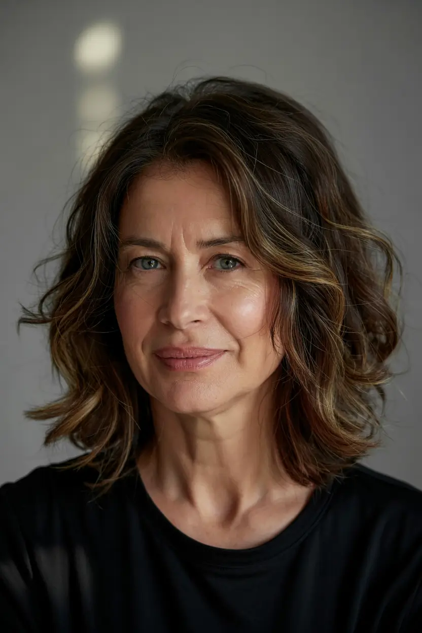 Beautiful Fall 2025 hairstyles and colors for Women 50+ Effortless wavy bob with deep brown glow