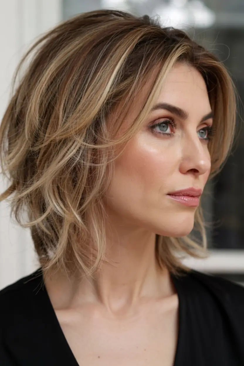 Best Fall hairstyles and colors for Women 40+ in 2025 Shaggy Bob With Champagne Dimension