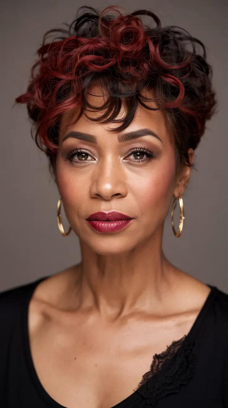 Best Fall hairstyles and colors for Women 40+ in 2025 Curly Pixie With Cherry-Tinted Edges