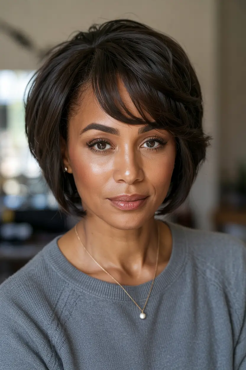 Best Fall hairstyles and colors for Women 40+ in 2025 Layered Chin-Length Bob With Wispy Bangs