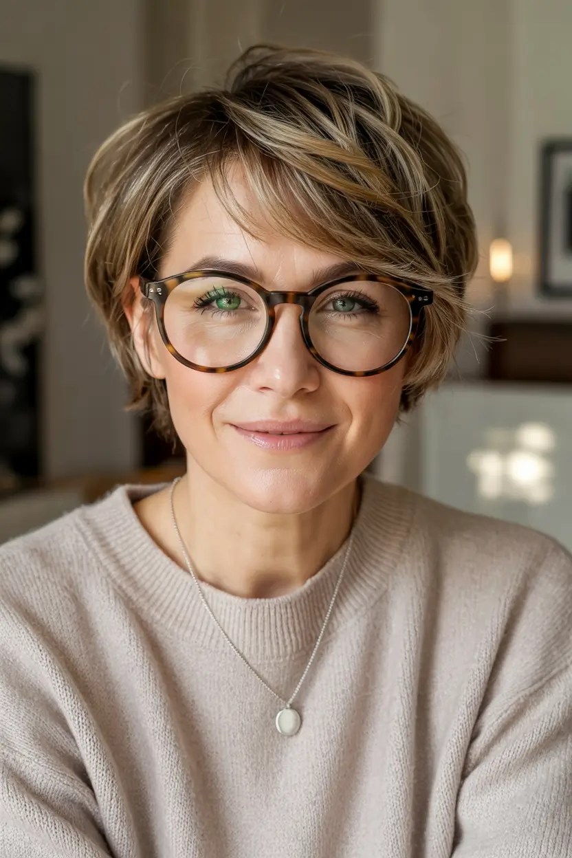 Best Fall hairstyles and colors for Women 40+ in 2025 Short Pixie Bob With Sandy Highlights