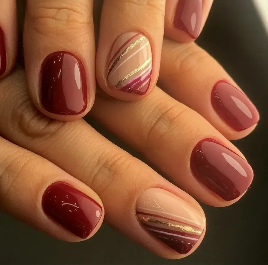 Fall Vibes: Best Nail Colors for September 2025 Mulled Wine Stripe Detail