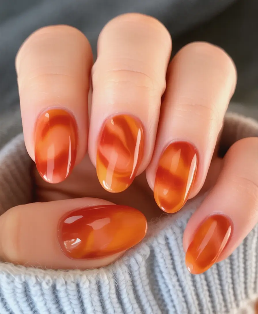 Fall Vibes: Best Nail Colors for September 2025 Amber Swirl Glass Nails