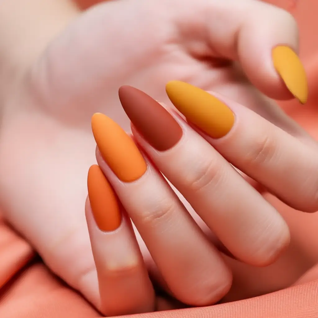 Fall Vibes: Best Nail Colors for September 2025 Matte Pumpkin Gradient on Almond Tips