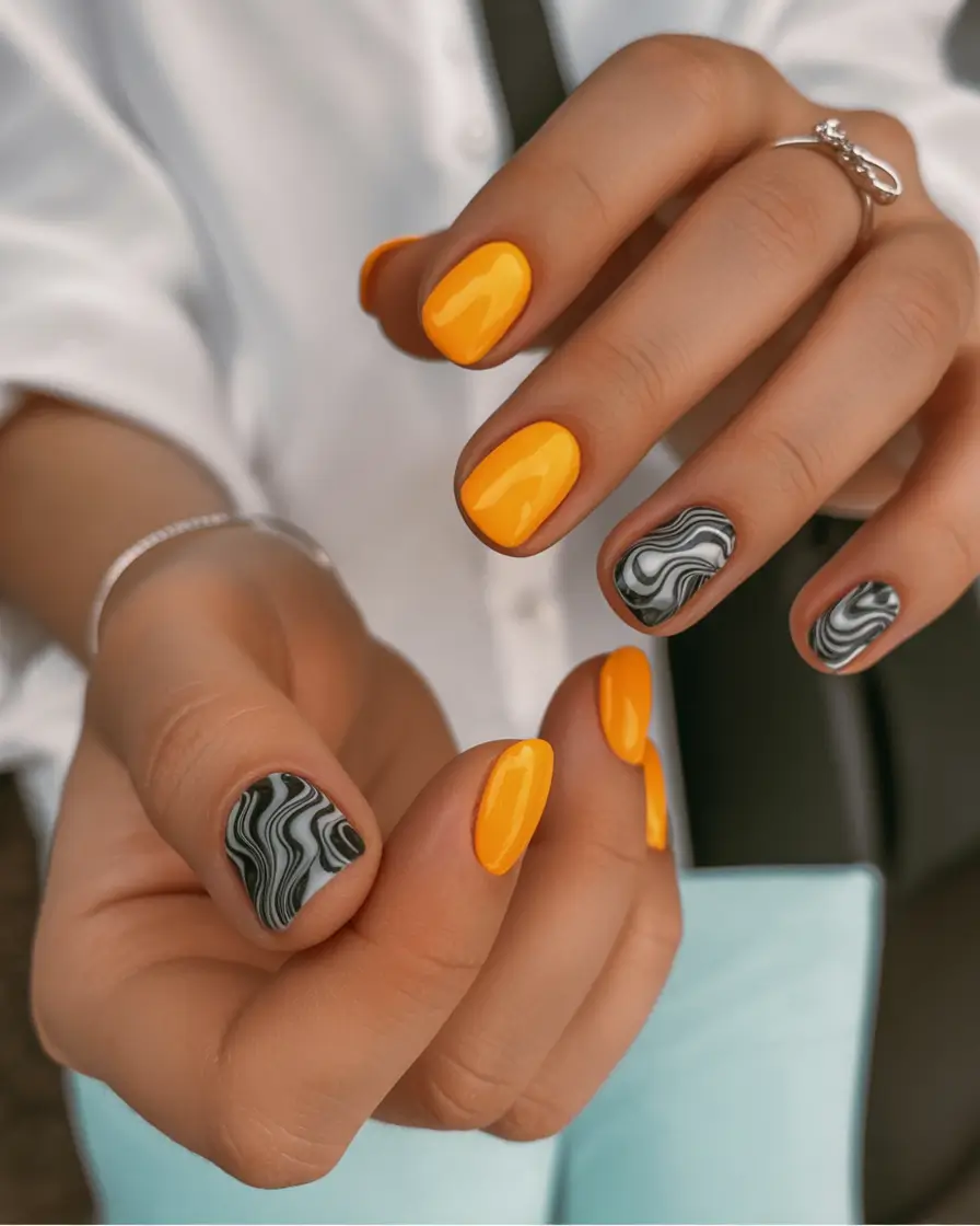 Fall Vibes: Best Nail Colors for September 2025 Yellow Marble with Graphic Vibes