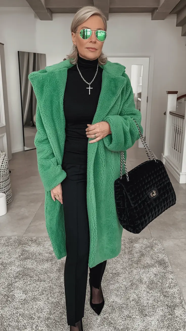2025 casual fall fashion outfits for women 50+ Vivid Green and Monochrome Power