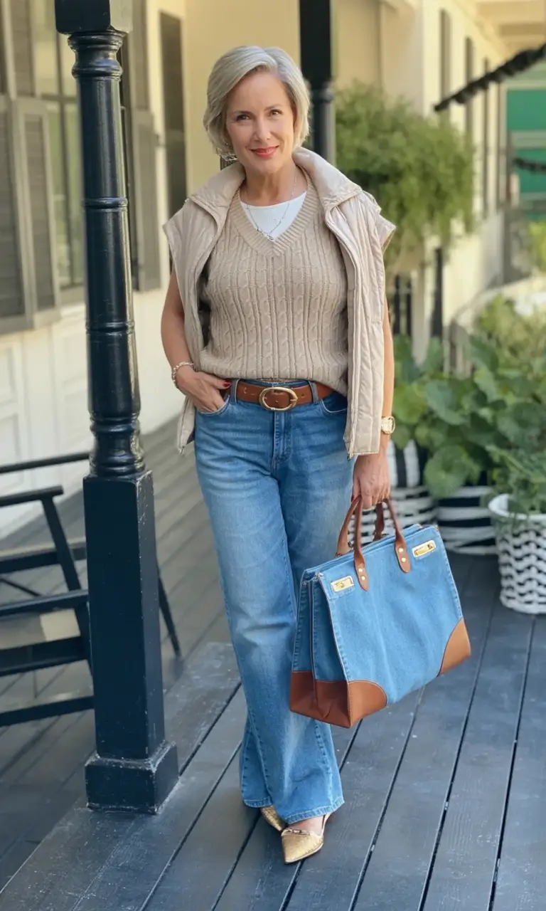 2025 casual fall fashion outfits for women 50+ Denim and Cable-Knit Simplicity