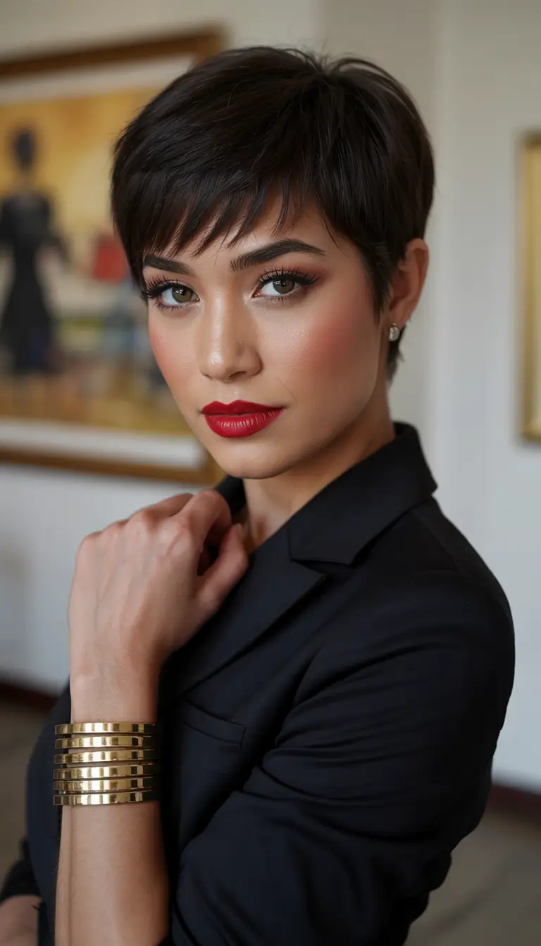 Chic and Easy Short Haircuts for Fall 2025 Glossy Tapered Pixie with Statement Bangs