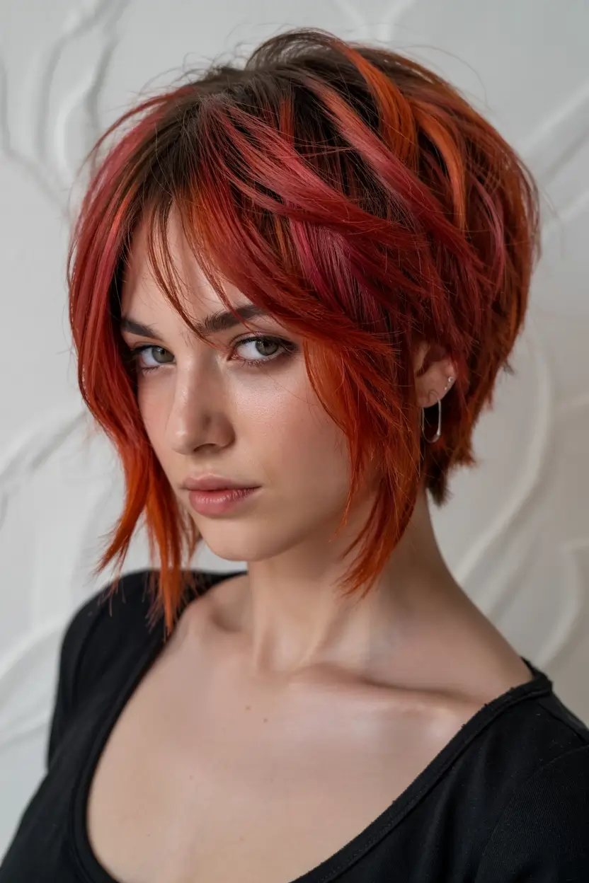 Chic and Easy Short Haircuts for Fall 2025 Layered Flame Bob with Fiery Tones