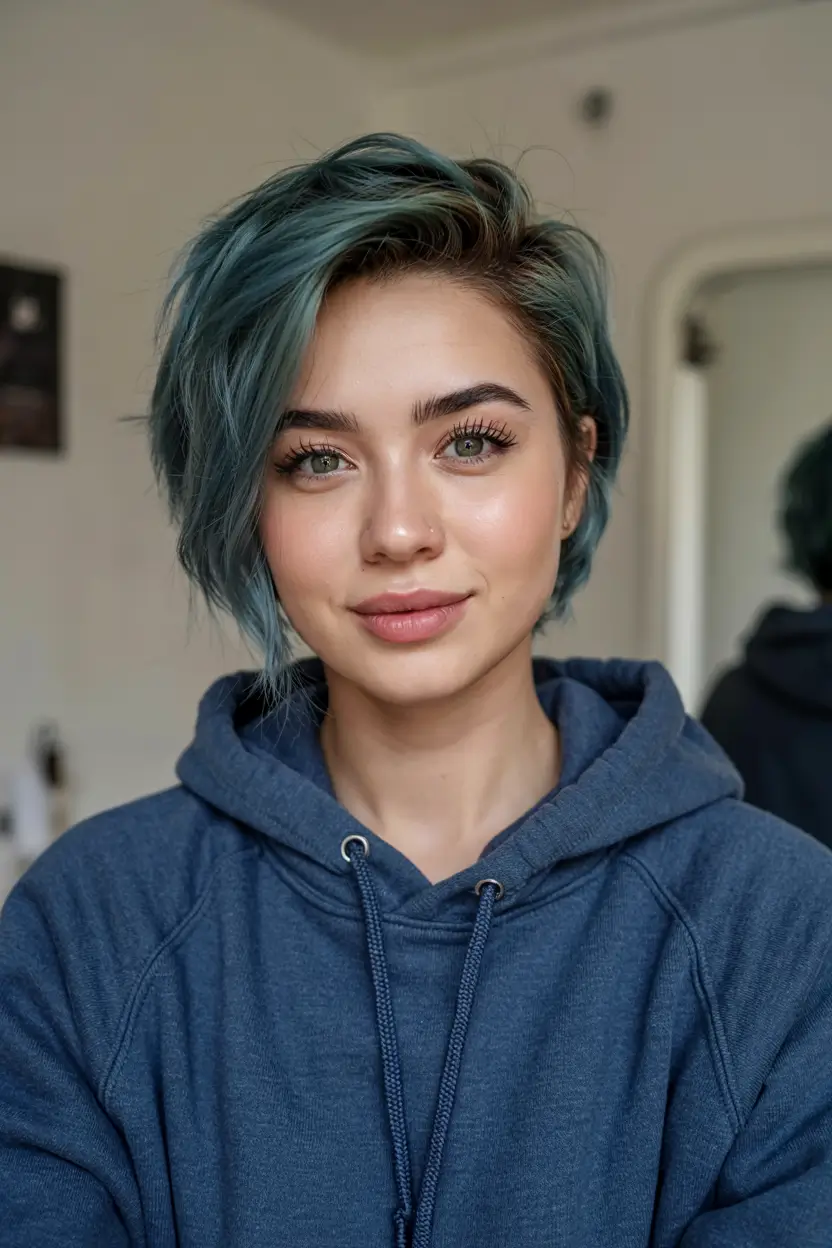Chic and Easy Short Haircuts for Fall 2025 Asymmetrical Teal Pixie with Side Swoop