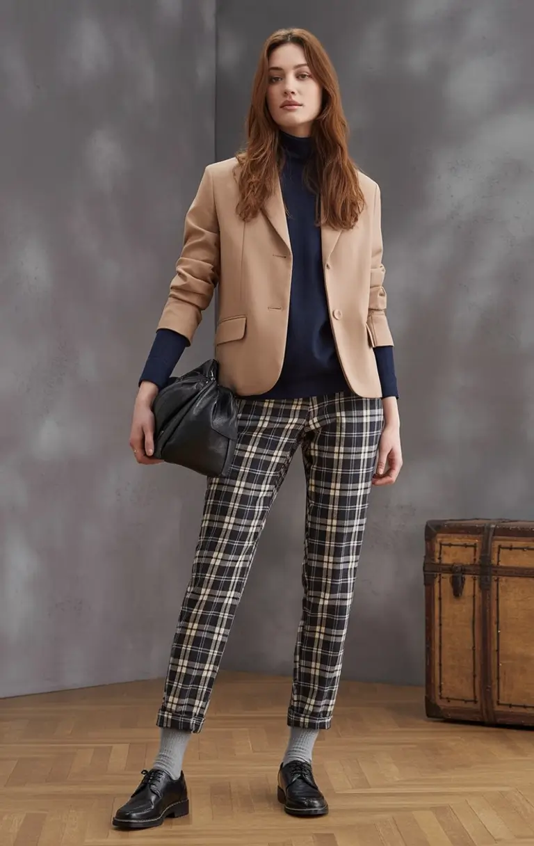 Classy fall women outfits for work 2025 Preppy Plaid and Camel Blazer Energy