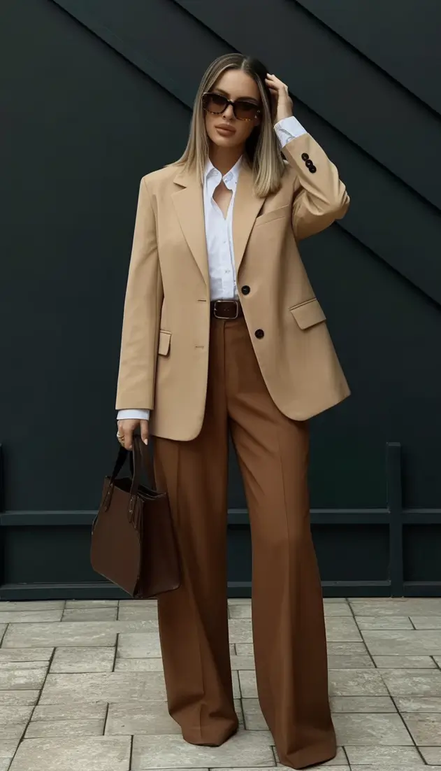 Classy fall women outfits for work 2025 Camel Layers With Espresso Trousers