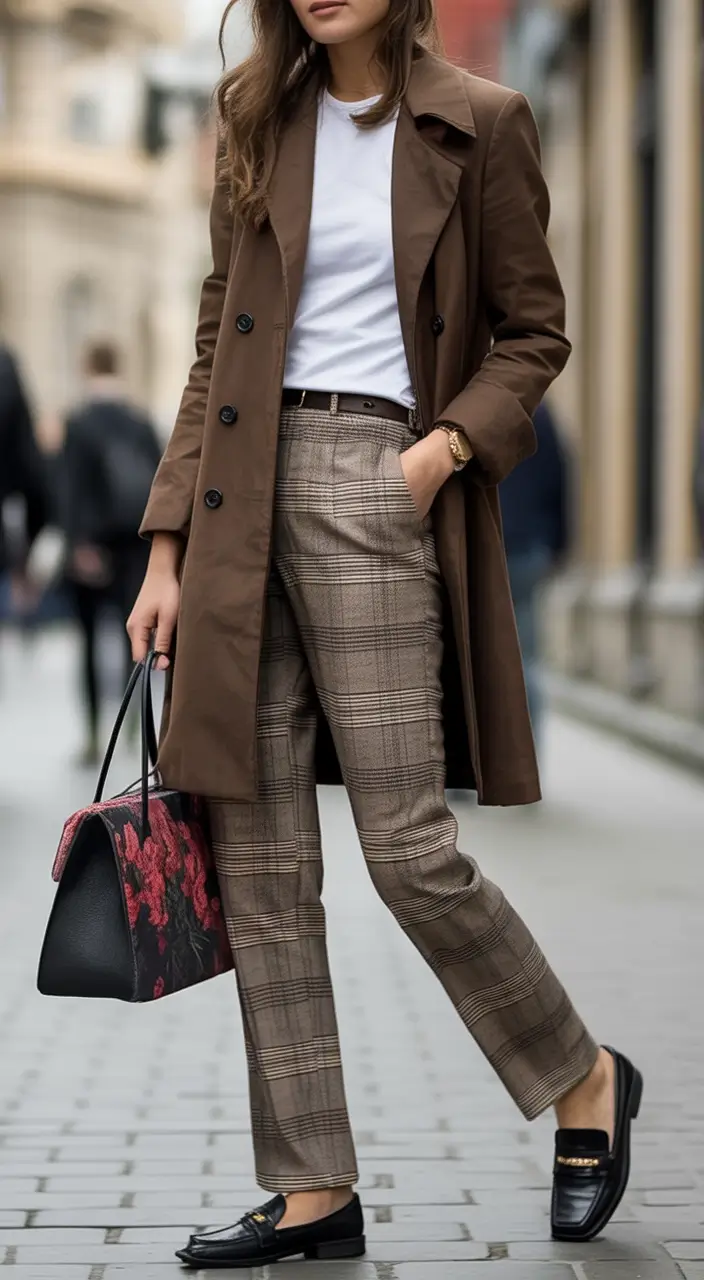 Classy fall women outfits for work 2025 City Tartan and Chocolate Tones