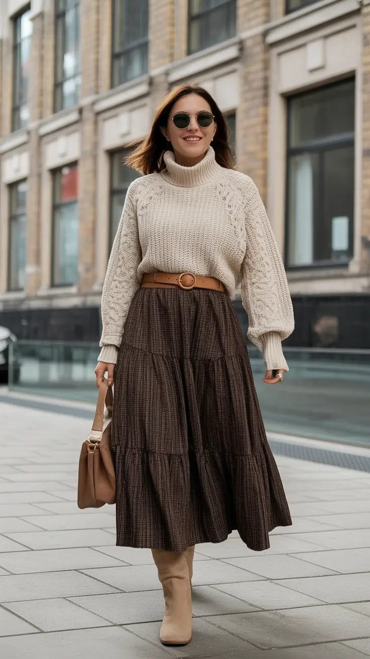 Classy fall women outfits for work 2025 Textured Knit and Tiered Skirt Elegance