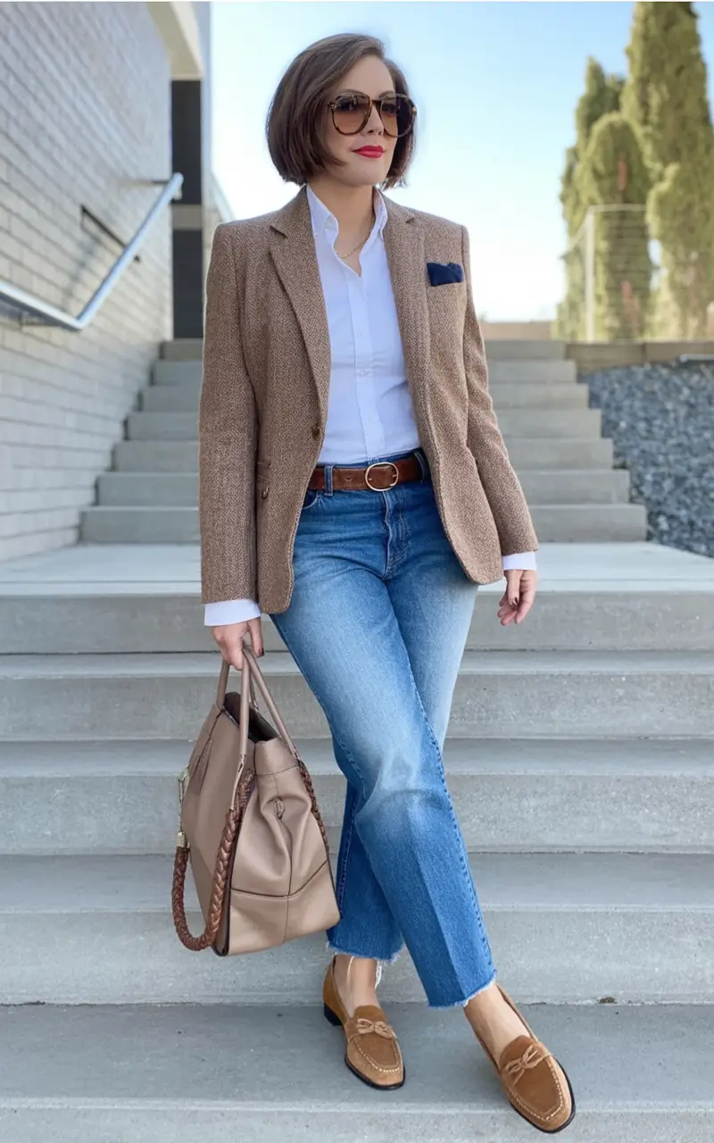 Classy fall women outfits for work 2025 Tweed and Denim for Power-Casual Days