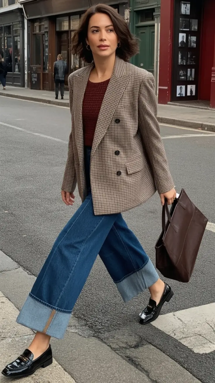 Classy fall women outfits for work 2025 Retro Blazer Meets Wide Denim