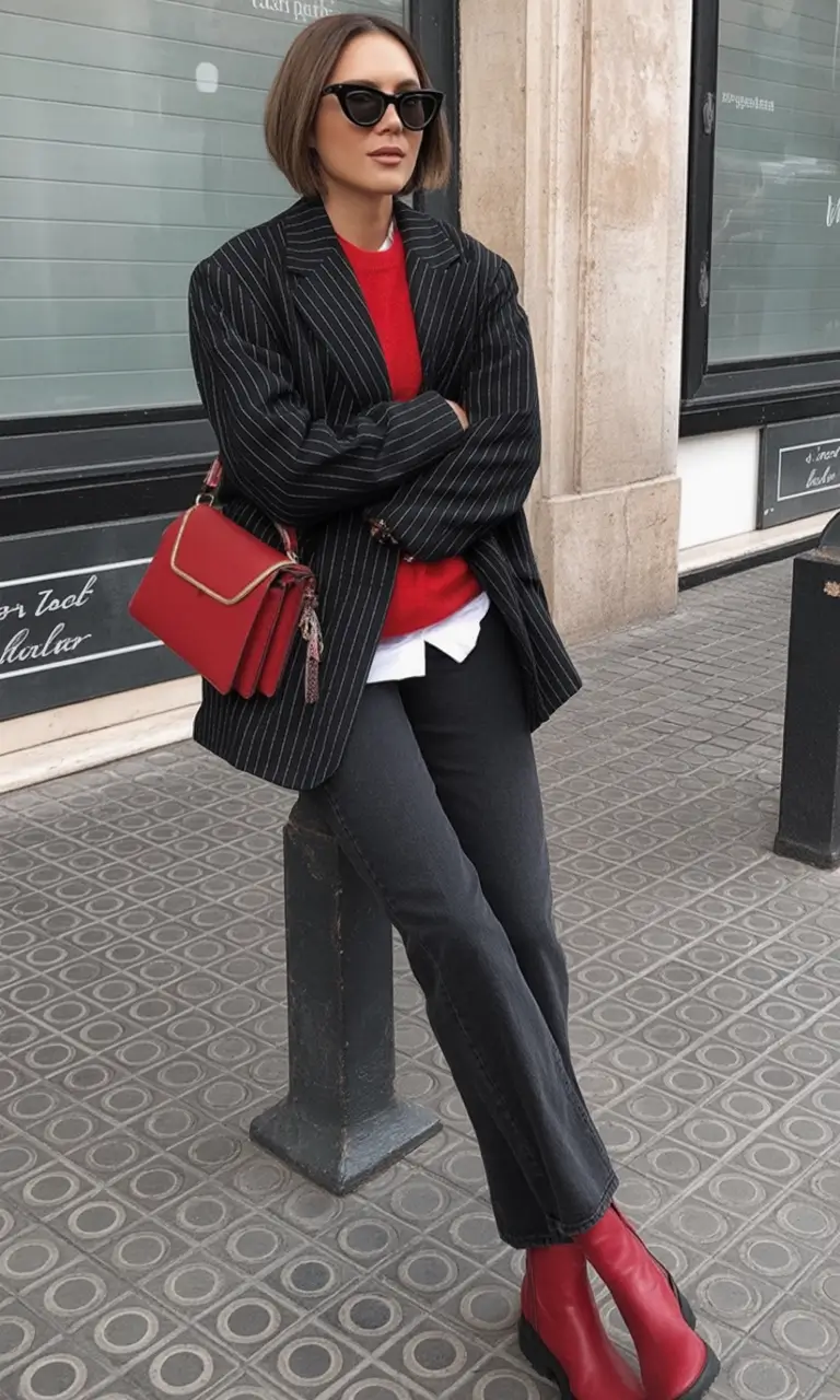 Classy fall women outfits for work 2025 Pinstripes and Poppy Red Power