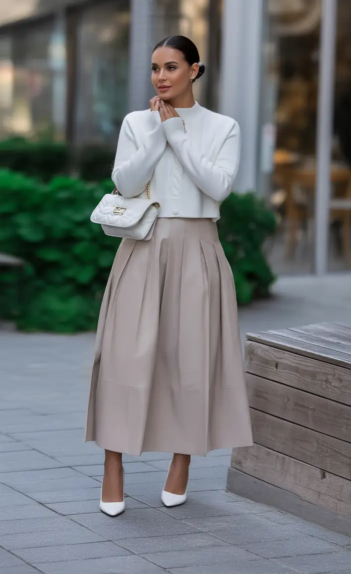 Classy fall women outfits for work 2025 Ivory Knits and Pleated Perfection