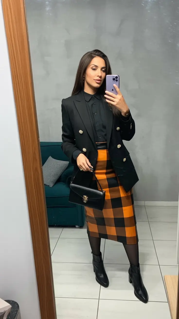 Classy fall women outfits for work 2025 Black & Amber for Boardroom Drama