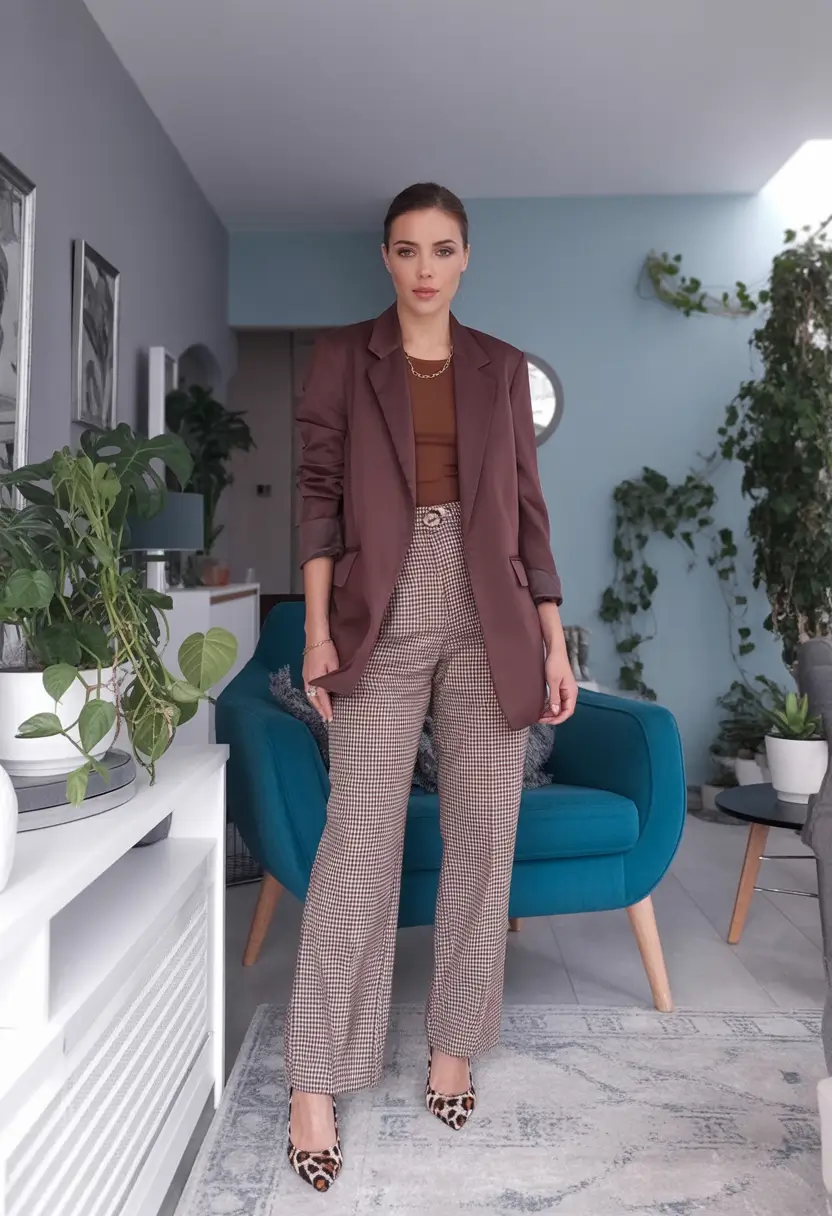 Classy fall women outfits for work 2025 Pattern Play With a Coffee Base