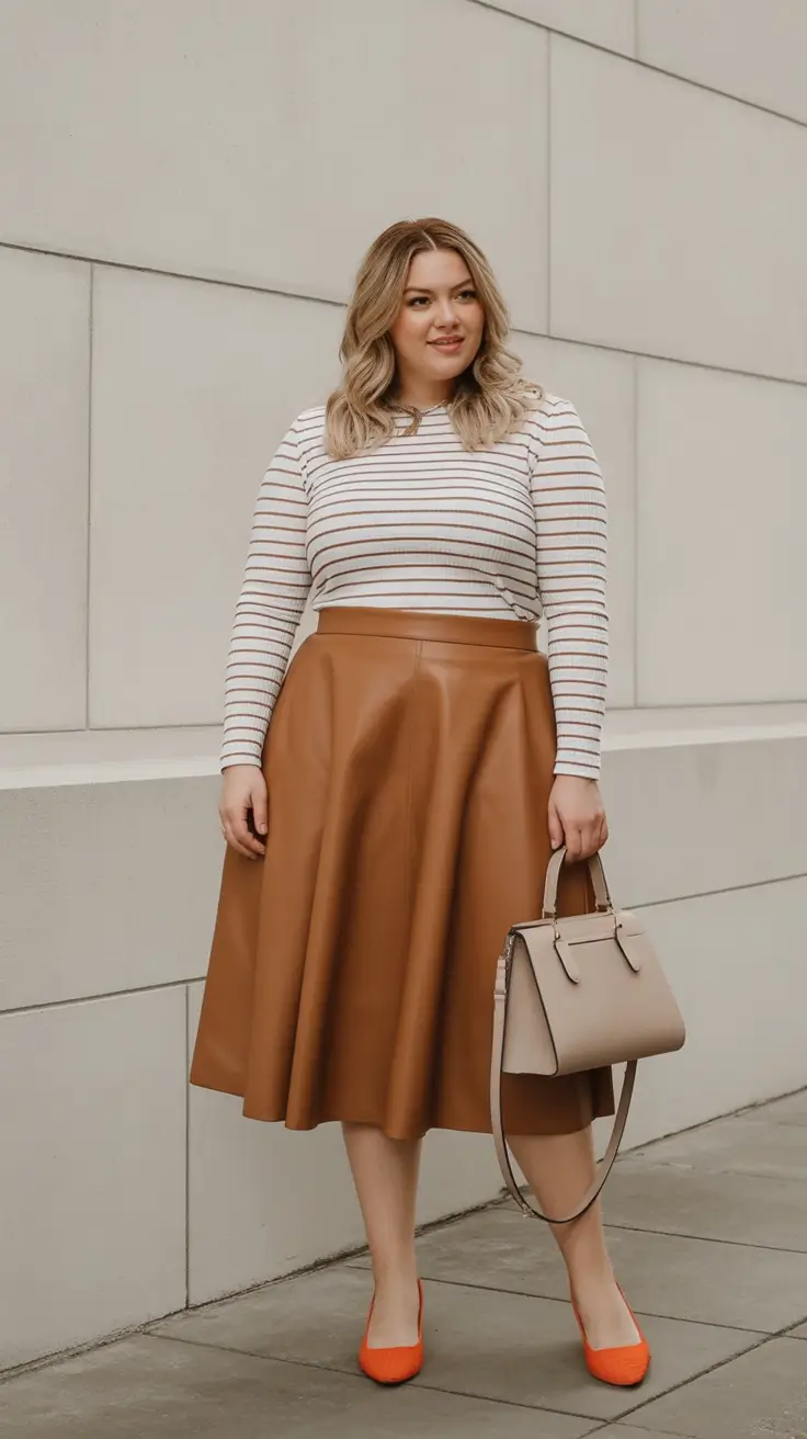 Classy fall women outfits for work 2025 Leather Skirt and Striped Simplicity