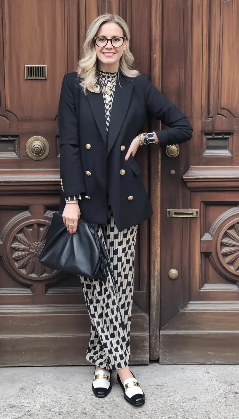 Classy fall women outfits for work 2025 Monochrome Pattern Meets Bold Blazer Energy