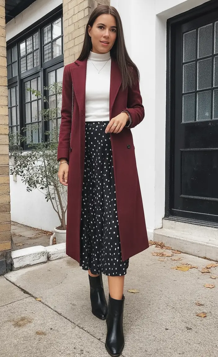 Classy fall women outfits for work 2025 Burgundy and Dots A Timeless Combo