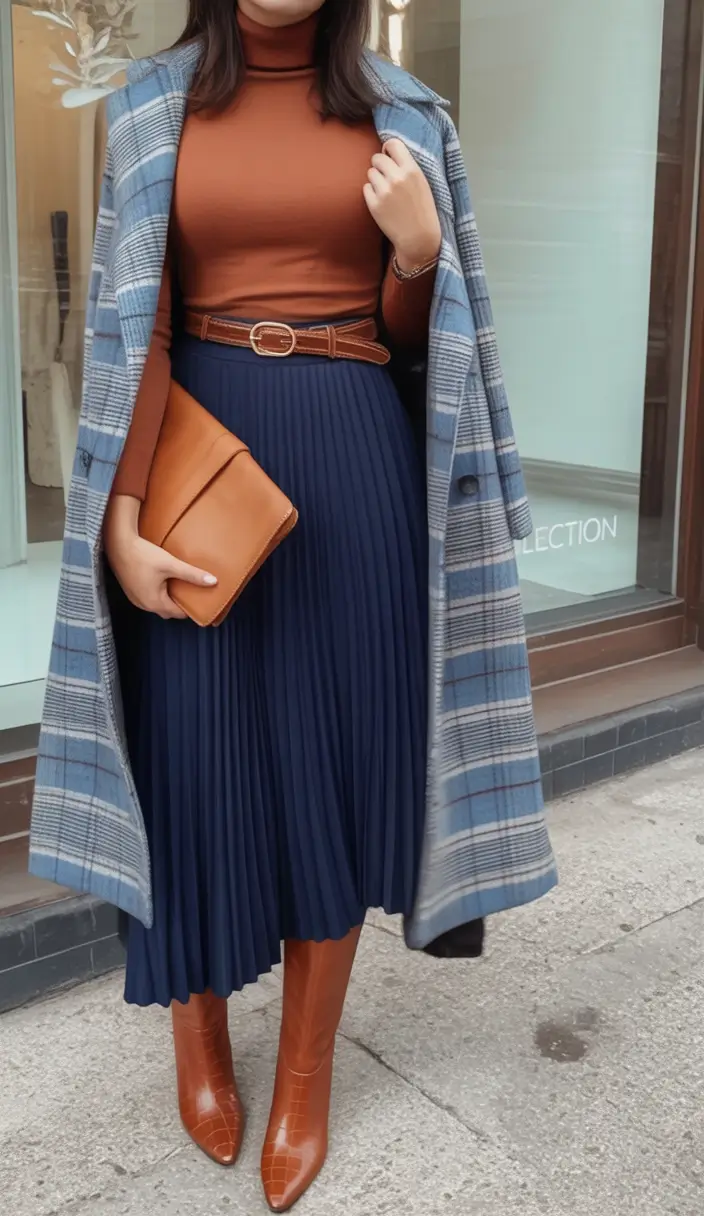Classy fall women outfits for work 2025 Rust and Navy Harmony with a Twist