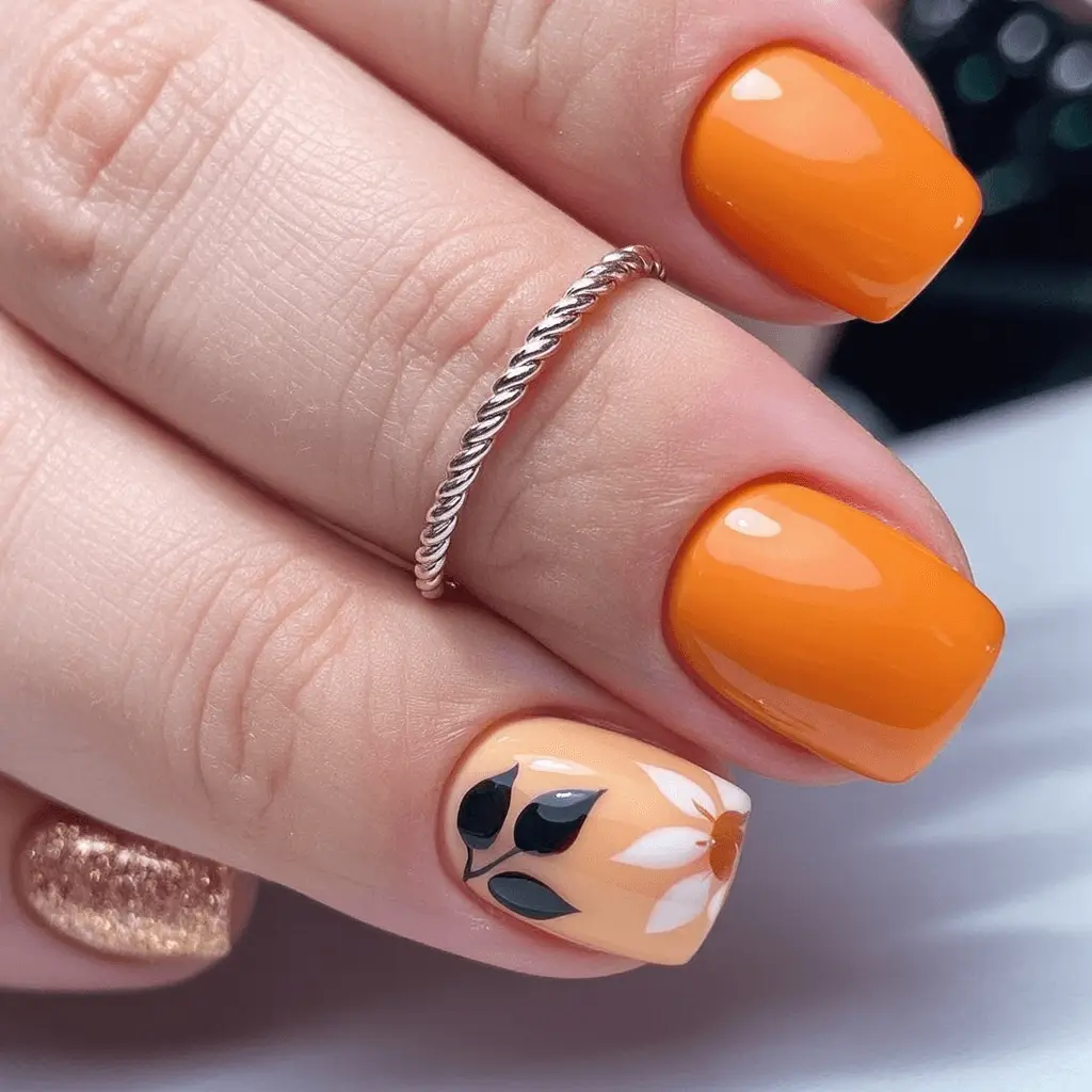 Creative Fall Gel Nail Designs 2025 Golden Tangerine with Fall Florals