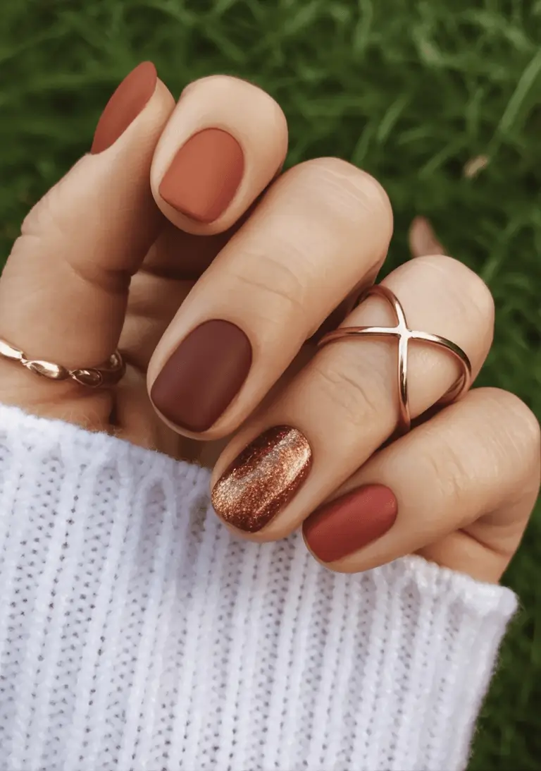 Creative Fall Gel Nail Designs 2025 Matte Pumpkin Spice and Glitter Copper