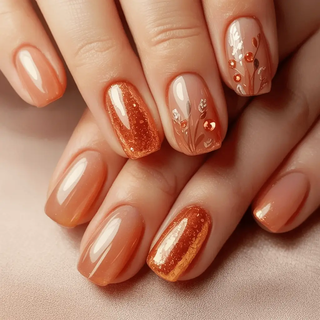 Creative Fall Gel Nail Designs 2025 Warm Glaze with Copper Foil Details