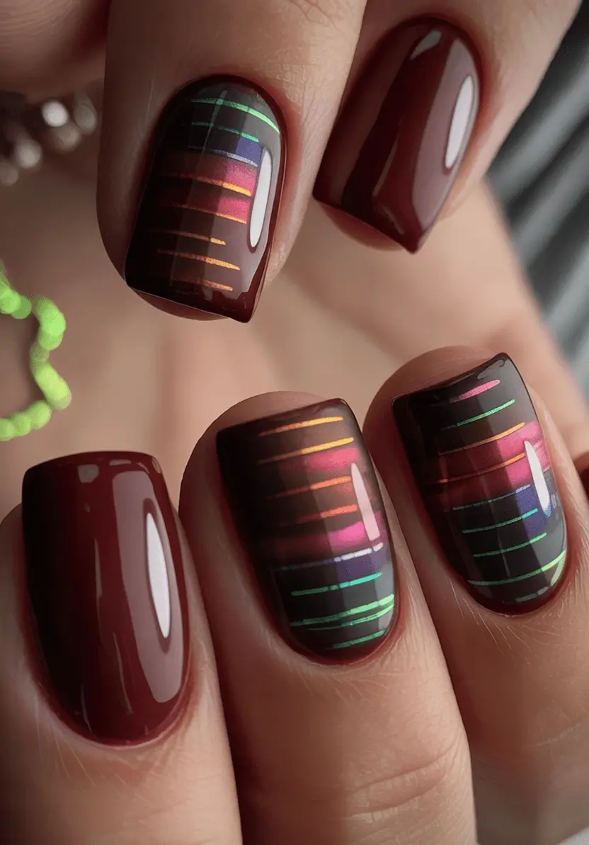 Creative Fall Gel Nail Designs 2025 Glossy Garnet with Rainbow Foil Plaid